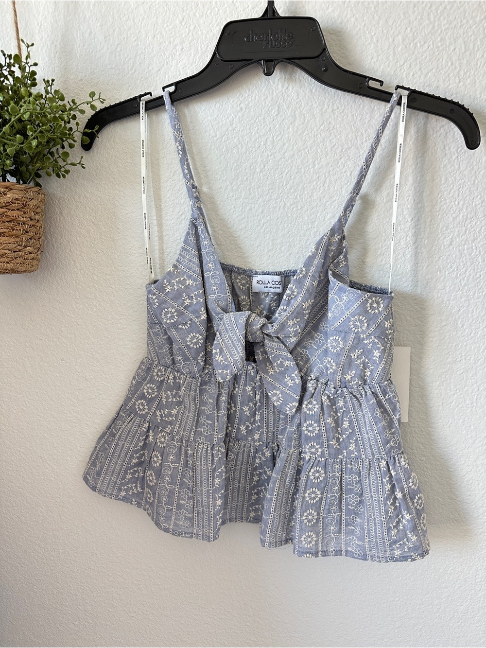 Eden Tie-Front Embroidered Peplum Tank - Light Blue